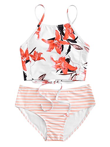 SOLYHUX Women's Floral Crop Top High Waist Padding 2PCS Bikini Set Swimsuit Multicolor L - Thumbnail 5