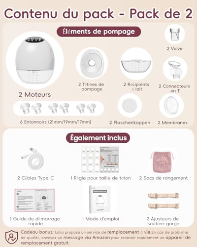 Lulia Hands Free Electric Breast Pump, 4 Modes & 9 Levels, 380mmHg Powerful Suction, Portable Breast Pump with LED Display, BPA-Free, with Flange 0.669/0.748/0.827/24 mm, White, 2 Packs