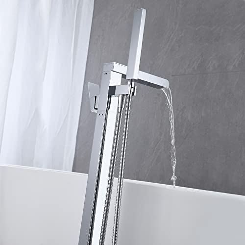 Wowkk Freestanding Tub Filler Waterfall Bathtub Faucet Chrome Floor Mount Brass Single Handle