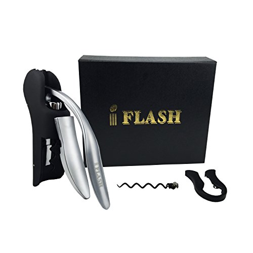 IFLASH [Manual Rabbit Style] Professional Rabbit Wine Opener Corkscrew - Premium Automatic Lever Corkscrew/Screw Pull -Include Professional Foil Cutter & Extra Spiral (3 Piece Gift Set) - Black