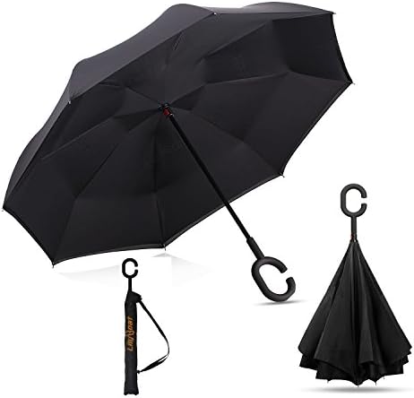 Inverted Umbrella, LilyBoat Double Layer Windproof UV Protection Big Straight Umbrella for Car Rain Outdoor (Black)