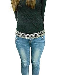 TianBo - Colgante vintage de plata envejecida con borlas de monedas, cadena para el vientre, danza, cuerpo, cadena, cintura, tallado turco, cinturón de playa, joyería para mujer, tamaño ajustable (Rq80)