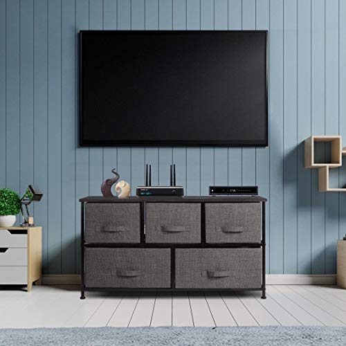 Dresser-Organizer-With-5-Drawers-Fabric-Storage-Chest-for-Bedroom-Hallway-Entryway-Closets-Nurseries-Furniture-Storage-Tower-Sturdy-Steel-Frame-Wood-Top-Easy-Pull-Handle-Textured-Print-Drawers