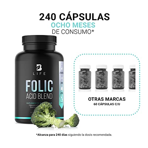 Ácido Fólico de 240 Cápsulas con Brócoli y Espinaca. Ingredientes Naturales. Folic Acid Blend B Life.