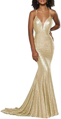 Sequins Prom Dresses Mermaid Long Spaghetti Strap Backless Formal Evening Gown