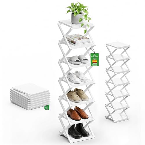 Veekovo Zapatero Vertical Estrechom, Zapatero Plegable portátil, sin instalación, Zapatero pequeño, pasillos, dormitorios y Espacios pequeños (Blanco, 7 Tier)