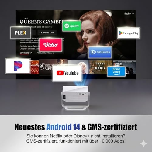 ZDK 2026 Upgrade Mini Projector Integrated Apps, Android 14, Supports 4K 1080P, Trapezoidal Correction, WiFi & BT Projector 4K Home Cinema, Portable Projector with 270° Rotating Stand, Compatible