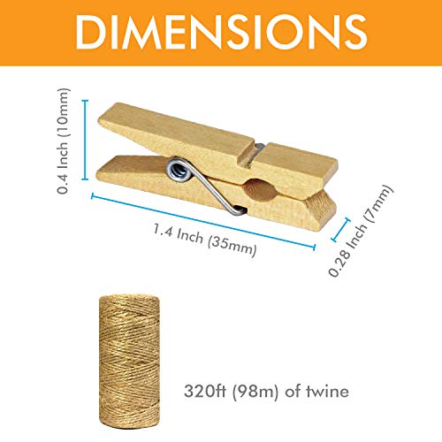 Mini Natural Wooden Clothespins with Jute Twine, 100pcs, 1.4 Inch Photo Paper Peg Pin Craft Clips with 320ft Natural Twine for Scrapbooking, Arts & Crafts, Hanging Photos (10 Colors)