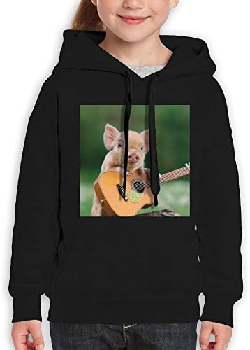 Vintopia Teen Boys Funny Cute Pig Playing Guitar Drawstring Fashion Sports Black Fleece XL