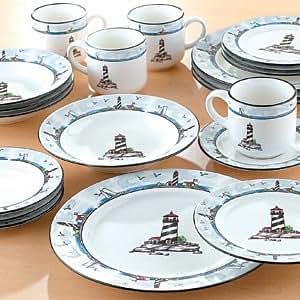 Amazon.com: 32 Piece Nautical Lighthouse Dinnerware Set ...
