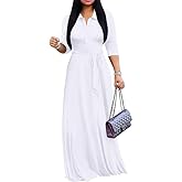 MarryUP Maxi Dresses for Women Casual V Neck 3/4 Sleeve Long Church Dress Semi Formal Outfits with Pockets