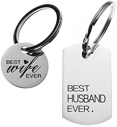 COMISAN 2PCS Stainless Steel Polished to Mirror Memorial Engraved Charm Tag Pendant Necklace for Husband and Wife Wedding Birthday Wedding Anniversary Gift Jewelry (2PCS Keychain)