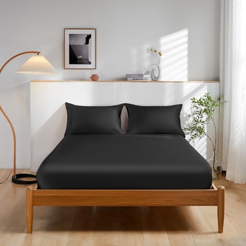 THXSILK 100% Mulberry Silk Bed Sheet Set - 3pcs Pure Silk Sheet Set - 16" Deep Pocket Fitted Sheet,…
