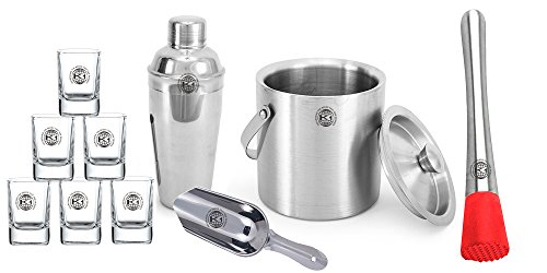 King International Stainless Steel Bar Set, Bartender Kit Cocktail Shaker Set of 10 Piece| Silver | Bar Tool Set with Cocktail 6 Shot Glasses | Ice Bucket | Cocktail Shaker | Ice Picker | Muddler |-Complete Bar tool set for Home bar accessories