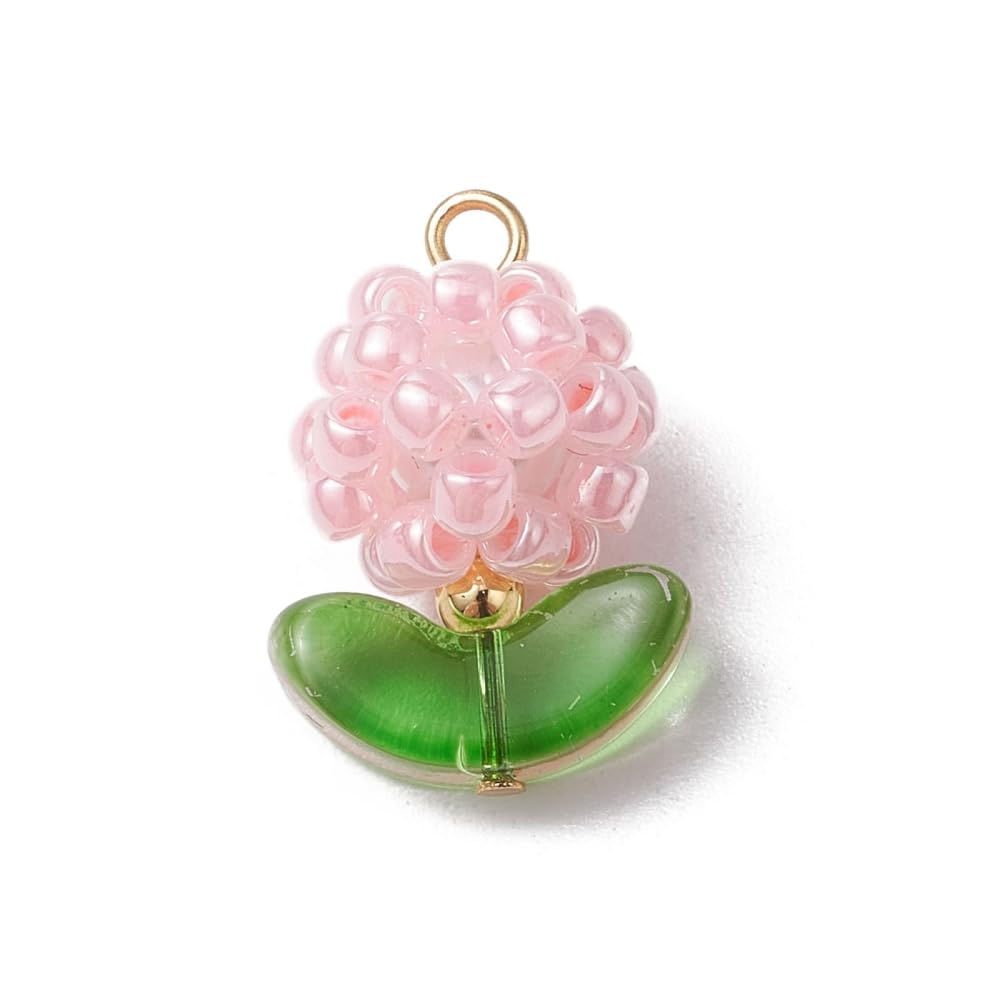 Photo 1 of Gelirda 20Pcs Glass Seed Beads Floral Pendants Beaded Flower with Green Leaves Charms for Jewelry Making Necklace Bracelets