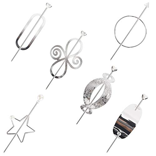6 Pack Vintage Retro Decorative Metal Silver Hair Sticks Hairpins Shawl Pins Long Forks Chopsticks Clips Barrettes Buns Chignon Holder Hair Styles Circle Star Hollow Fancy Accessories