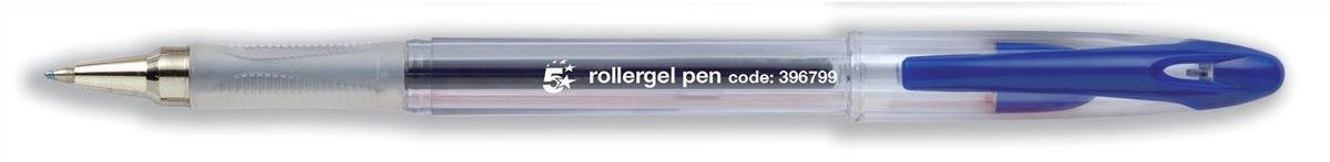 5 Star Office Roller Gel Pen Clear Barrel 1.0mm Tip 0.5mm Line Blue [Pack 12]