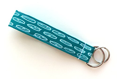 Keychain Wristlet - Teal Blue with White Feathers - 100% Organic Cotton Fabric Key Lanyard - Thumbnail 2