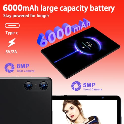 Android 14 Tablet 10.1 inch Tablets,20GB RAM 128GB ROM 1TB Expand,Octa-Core Processor,Dual Camera,WiFi 6,Bluetooth 5.0,6000mAh Long Battery Life with Keyboard/Mouse-Black