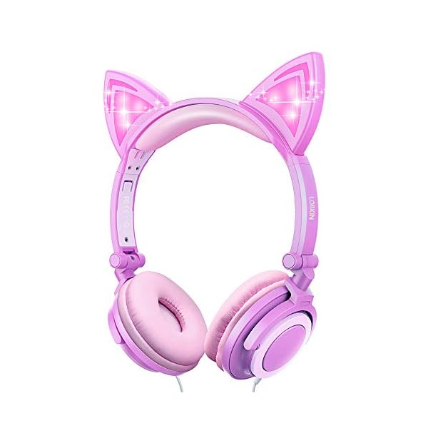 Kids-Headphones-with-Cat-EarLobkin-Wired-Headphones-Over-Ear-for-ChildrenFoldable-Headphone-with-Glowing-Light-for-Kindle-Fire-Samsung-iPad-Tablets-purple LOBKIN Kids Headphones, Cat Ear LED Light Up Wired Headphones Over Ear with 85dB Volume Limited Hearing Protection,Cute…