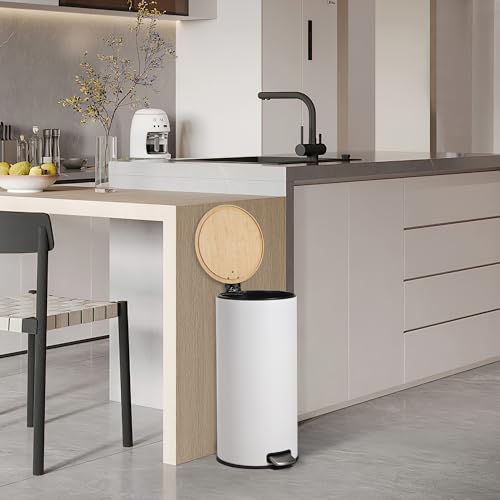 30L Stainless Steel Trash Can with Bamboo Lid, Pedal - Operated Garbage Bin with Removable Inner Bucket for Kitchen, Bathroom, Small Spaces