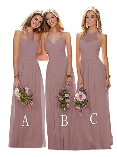YGSY Women's Long Bridesmaid Dresses Dusty Rose V-Neck Ruched A Line Prom Ball Gowns Evening Dress Size 6