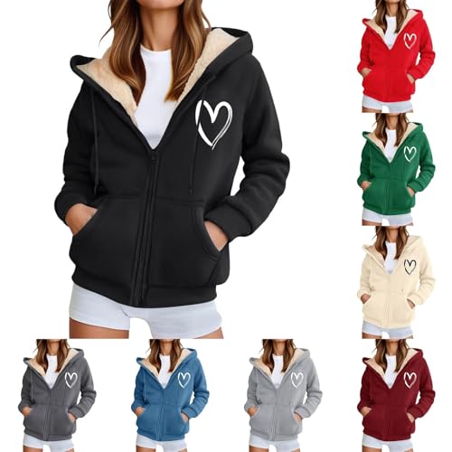 winter jackets for women Womens Fleece Jackets Full Zip Oversized Print Fuzzy Plush Lined Hoodies Warm Pocket Hoodie Soft Plus Size Coats Comfortable Hooded Lovely women coats # Black 3XL