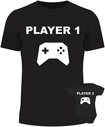 Player 1 Player 2 Gaming Baby Dad Matching Set Baby Grow T Shirt Father Son - Black - Mens Large + Newborn Baby