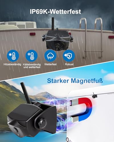 1080P Magnetic Wireless Reversing Camera, WiFi Reversing Camera with Long Lasting Battery, 90 Days Standby, Night Vision, IP69K, Easy Installation for Trucks, Trailers, Compatible with Phone, Pad