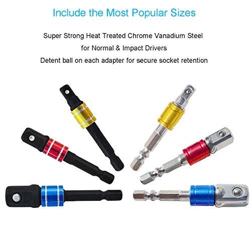 M-jump 6 PCS Impact Grade Socket Adapter/Extension Set Turns Power Drill Into High Speed Nut Driver,1/4-Inch Hex Shank to Drive for Adapters to Use with Drill Chucks, Sizes 1/4" 3/8" 1/2", Cr-V,