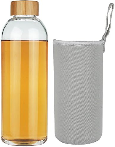 SHBRIFA Borosilicate Glass Water Bottle 32oz / 18oz / 12oz, BPA Free Glass Drinking Bottle with Neoprene Sleeve and Leak-Proof Bamboo Lid
