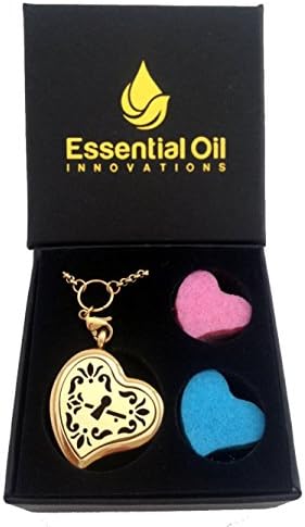 Essential Oils Diffuser Jewelry Aromatherapy Necklace Gold Plated 316 Stainless Steel Heart of Love Pendant Locket 24” 2.5mm Chain and 7 Washable Refill Pads