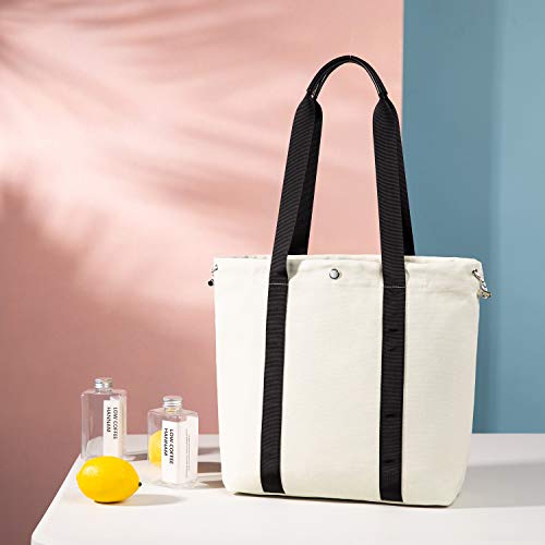 LOVEVOOK Canvas Shopper Damen Handtasche Schultertasche Umhängetasche Einkaufen Arbeiten Schule Reisetasche PU-Griff Schrumpfseil Henkeltasche Cremeweiß