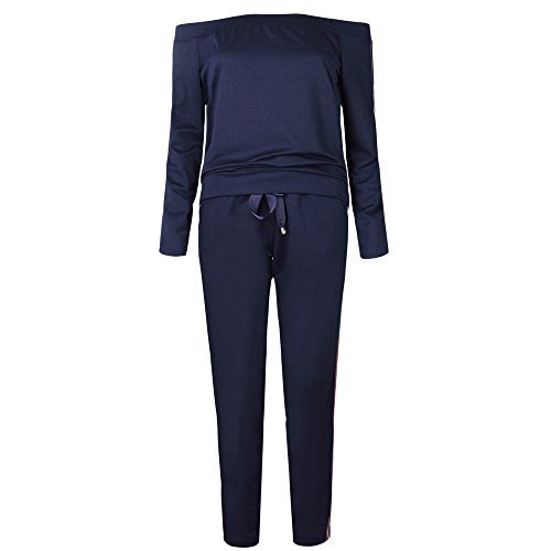 Sinfu Women Casual Pullover Off Shoulder Sweatpants Two Piece Sport Tracksuit Outfits Set (M, Navy)