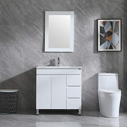 Wonline 32" Bathroom Vanity and Sink Combo Cabinet Undermount Ceramic Vessel Sink Chorme Faucet Drain with Mirror Vanities Set