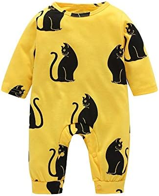 uBabamama Cartoon Pattern Cat Printed Romper for Newborn Toddler Baby,Long Sleeve Cotton Blend Jumpsuit Outfits Casual Clothes
