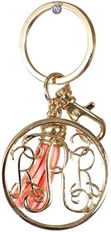 Initial Jewelry Personalized Monogrammed Alphabet Initial Letter Keychain, Key Ring, Bag Charm w/ Tassel (R-Gold)