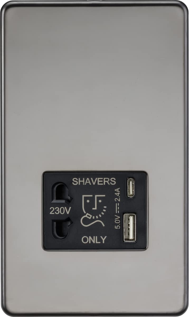 Knightsbridge Screwless Shaver Socket with Dual USB A+C (5V DC 2.4A Shared) - Black Nickel