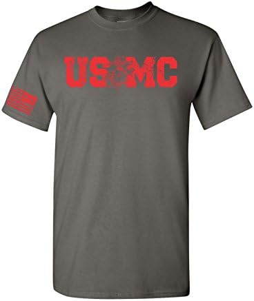 All Things Apparel USMC Red Print with Flag on Sleeve Men's T-Shirt - Med Charcoal (ATA1703)