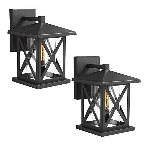 Jazava Outdoor Wall Sconce Light Fixtures 2 Pack, 11.5 inches Height Exterior Wall Mounted Lights Sconces Porch Lantern with Cylinder Clear Glass, Matte Black Finish