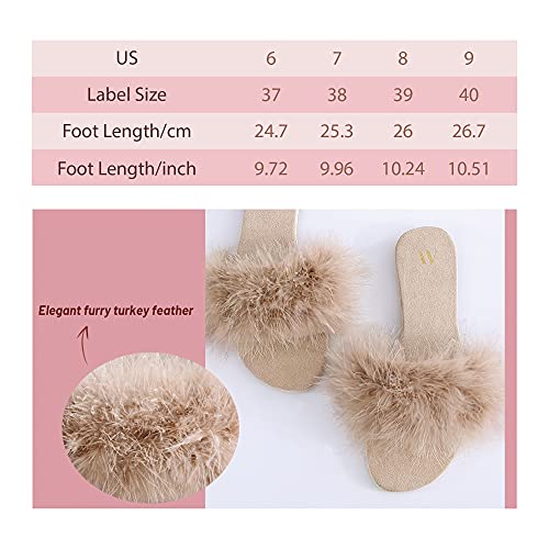 Amélie Home Women\'s Sexy Fashion Slide Slippers - Beige Furry Turkey Feather Open Toe Comfy Fuzzy Suede Lined House Sandals for Spring & Summer,Size 6