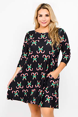ICONOFLASH Plus Size Christmas Dresses with Pockets for Women 3/4 Sleeves Swing Holiday Party Dress Up Color Candy Cane Pattern, Size 3XLarge - Thumbnail 4