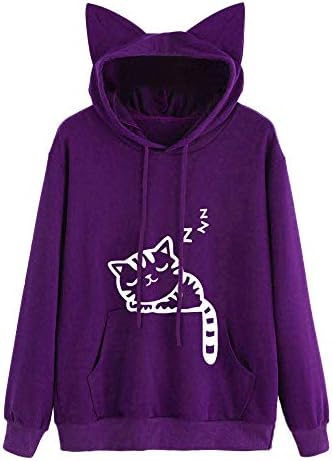 Cats Hoody Linqi1164 Women Long Sleeve Lovely Animals Print Pockets Shirts with Kangaroo Pockets Sweatshirt Hoodie Jumper Tops Blouse for Teens Girls