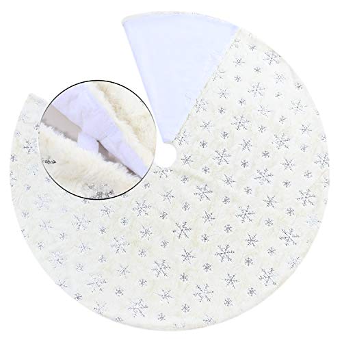 Lorfancy Christmas Tree Skirt, 48 inches Snowflake White Luxury Faux Fur Tree Skirt for Christmas Ornaments Decorations (Silver Snowflake) - Thumbnail 4