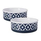Bone Dry DII Lattice Ceramic Pet Bowl for Food & Water with Non-Skid Silicone Rim for Dogs and Cats (Medium - 6" Dia x 2"H) Nautical Blue - Set of 2