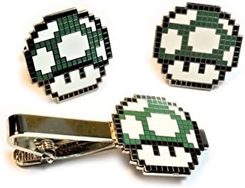 Super Mario World GREEN MUSHROOM 1UP Pixel SNES Suit Wedding TIE BAR CLIP CUFFLINKS SET
