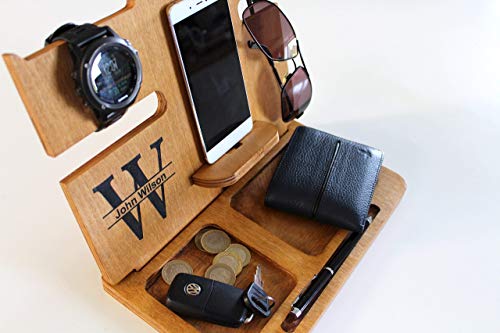 Wooden Docking Station Wood Docking Station Cell Phone Dock Charging Station Personalized Valet Mens Wood docking station gift for men - Thumbnail 3