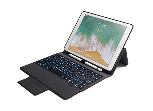 iPad 9.7 Keyboard Case, YiMiky iPad Keyboard Case Compatible with iPad 9.7 2018 (6th Gen)/iPad 2017 (5th Gen)/iPad Air 2 & 1, Bluetooth 7 Color Backlit PU Leather Folio Keyboard Cover - Black
