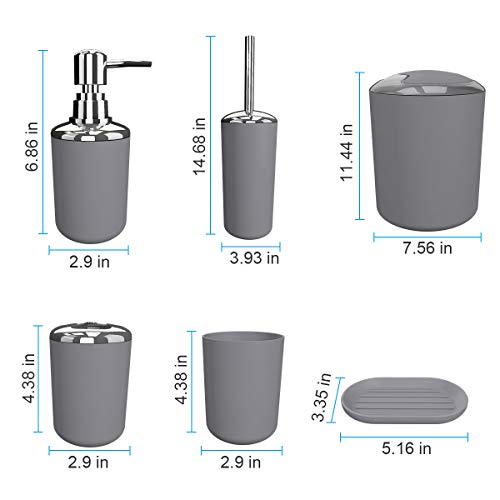 TEKITSFUN Grey Bathroom Accessories Set, 6 Pieces Plastic Gift Bath Accessory Sets Luxury Ensemble Includes Toothbrush Holder,Toothbrush Cup,Soap Dispenser,Soap Dish,Toilet Brush Holder,Trash Can
