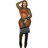 YOUFE Women's Sexy Two Piece Set Fashion Print Long Sleeve Round Neck Tops Bodycon Pants See Through Clubwear Outfits